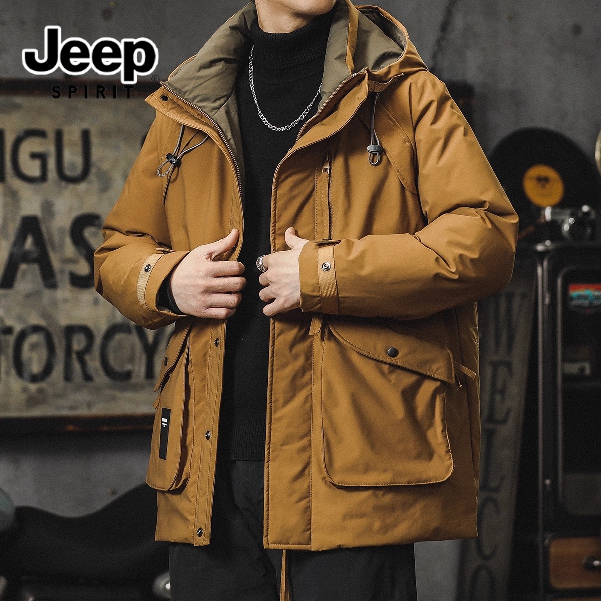 JEEPSPIRIT吉普男士冬季羽绒服中长款宽松多口袋连帽保暖冬装外套