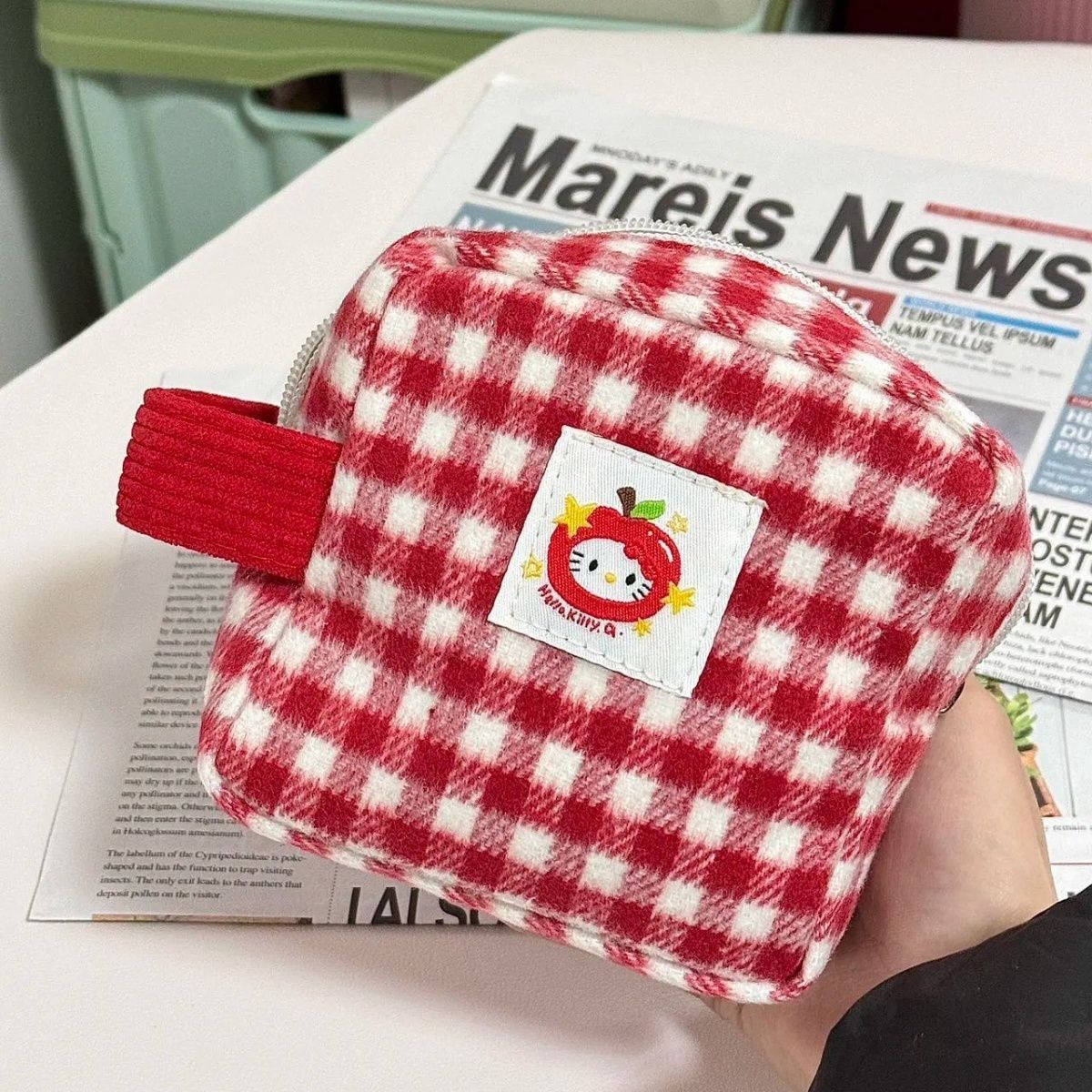 红格苹果方块化妆包可爱迷你口红收纳包女生大容量便携随身杂物包