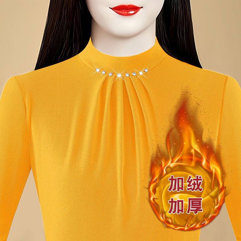 加绒打底衫女新款长袖T恤小衫秋冬内搭外穿大码网纱保暖蕾丝上衣