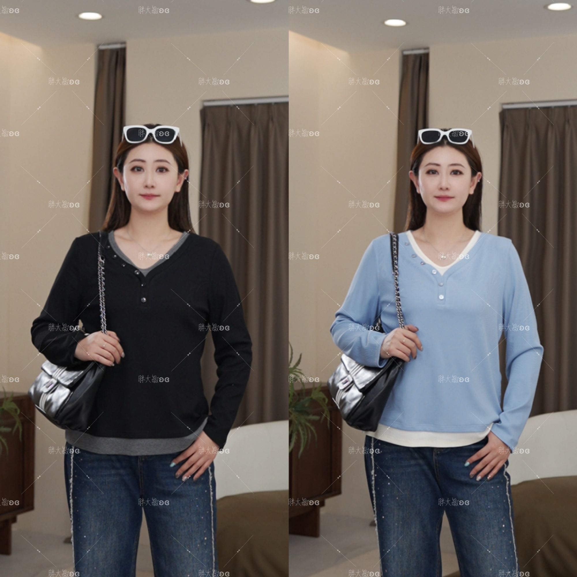 【秋款上新】PDM22516秋季新款法式显瘦V领拼接打底衫大码女装上衣