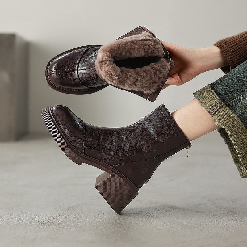 6.5CM-头层羊皮时装靴复古厚底粗跟百搭保暖英伦风防滑短筒女短靴