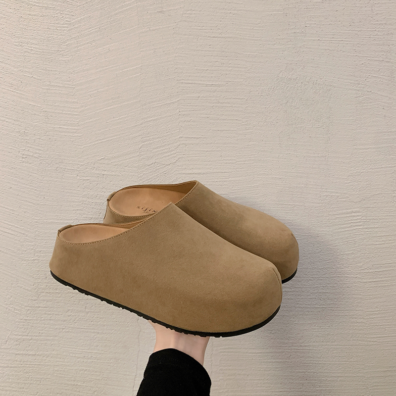 鞋女春秋一脚蹬小个子女款懒人包头半拖鞋外穿增高全包软木博肯鞋