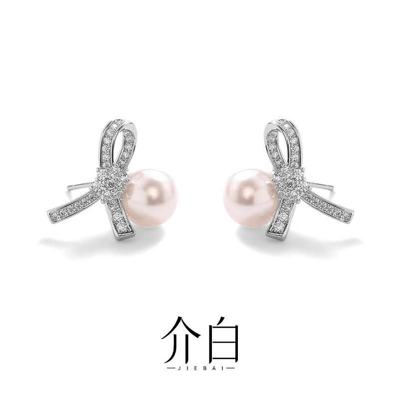 铜合金仿珍珠耳饰 介白  蝴蝶结耳钉银镶嵌时尚少女风