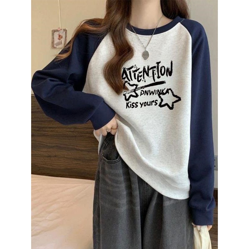 少女纯棉圆领卫衣女大童秋冬加绒初中高中学生宽松加绒长袖上衣服