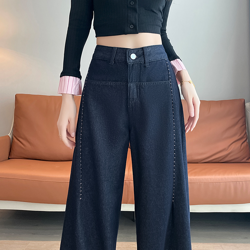 蜜蜜穿搭深蓝色阔腿牛仔裤女2025年冬季新款高腰宽松显瘦拖地裤子