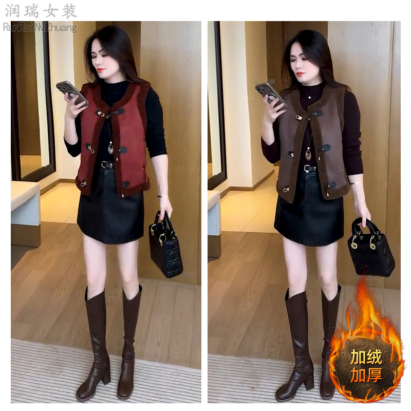 加绒加厚短款宽松型马甲女2025秋冬季新款百搭洋气圆领厚款马夹潮