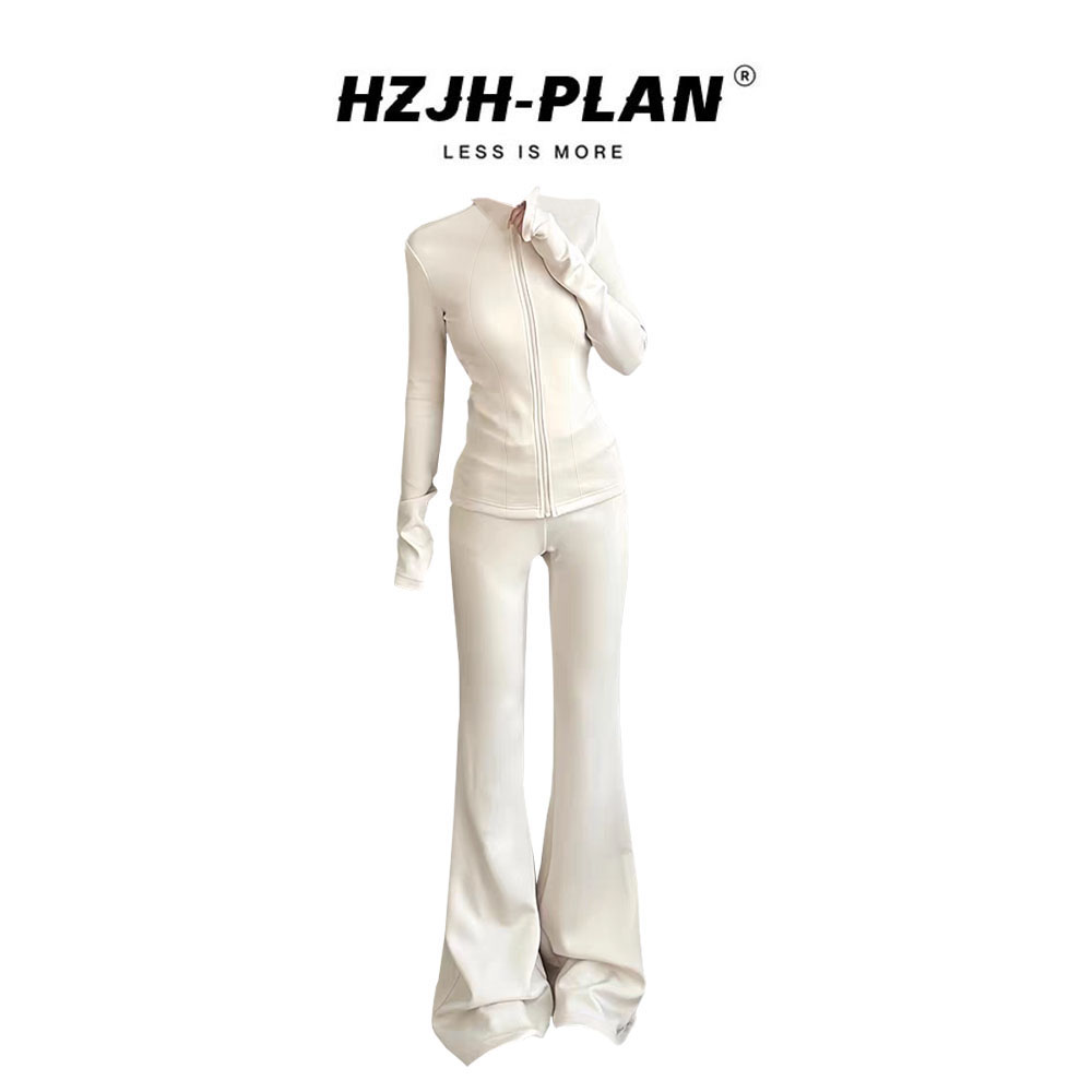 韩系早秋季极简运动风两件套立领气质修身外套上衣微喇长裤子套装