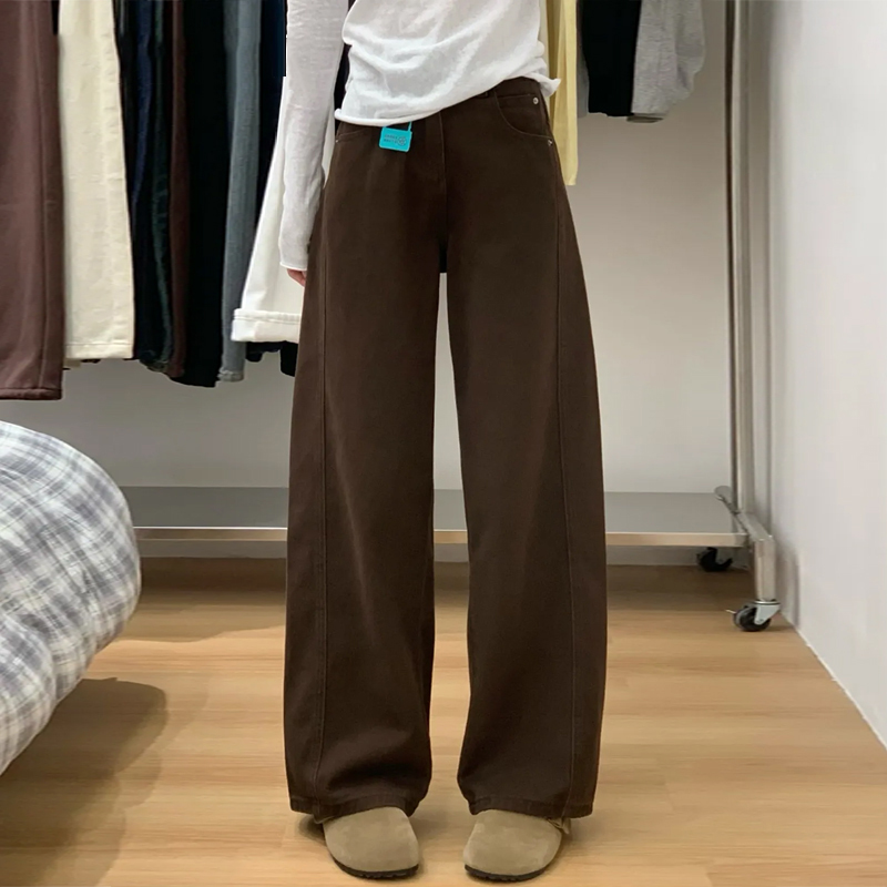 美式咖色弯刀阔腿牛仔裤女2025年秋季新款高腰显瘦宽松垂感拖地裤