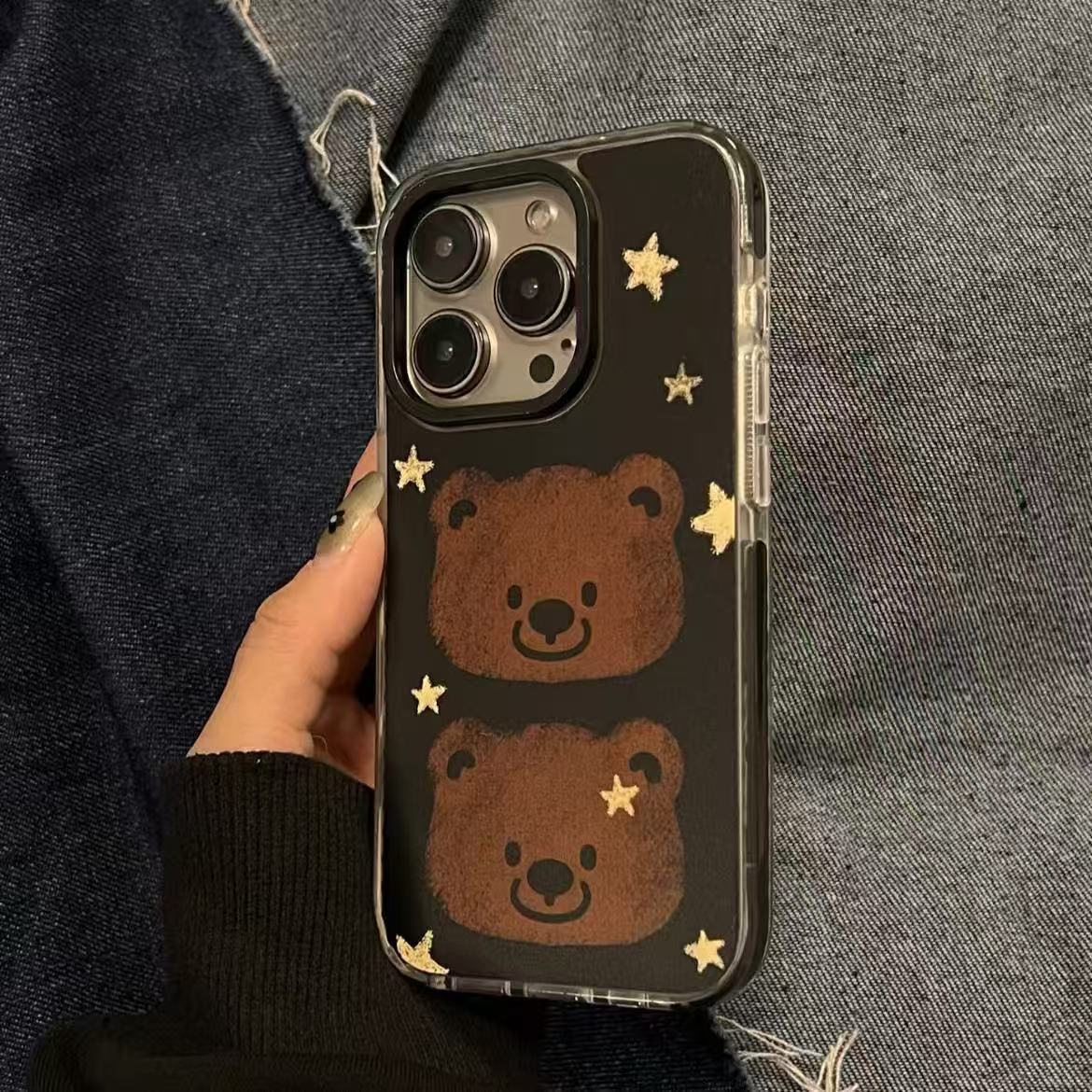 两只可爱小熊星星适用苹果16Promax圈圈手机壳iPhone15卡通14防摔