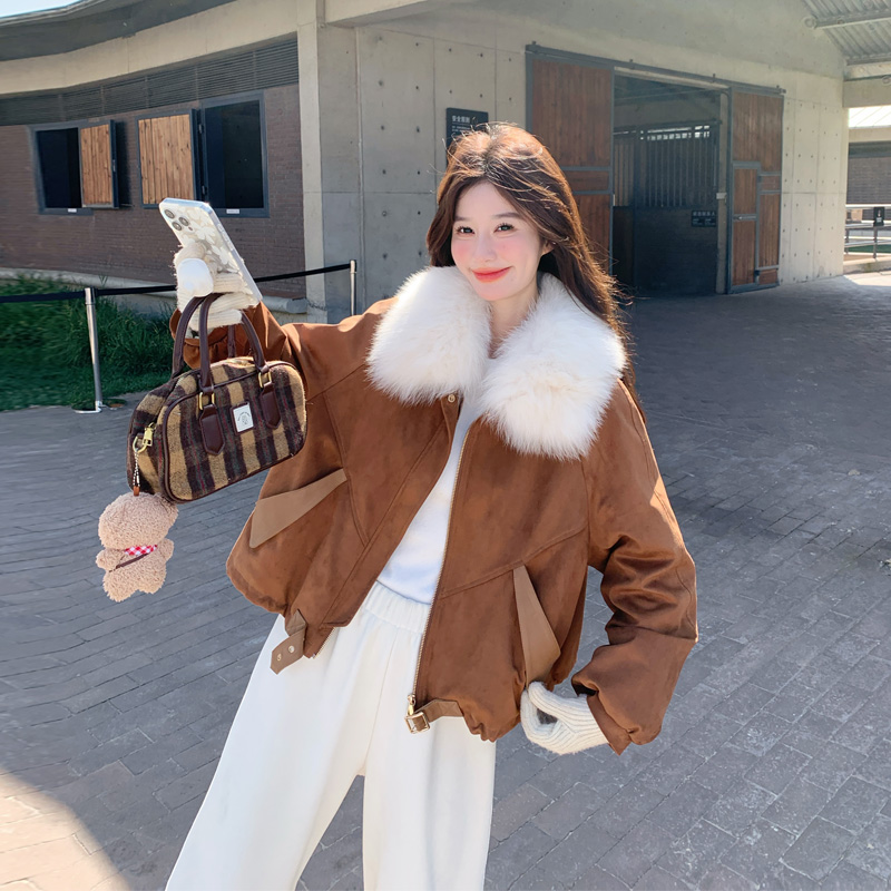 复古盐系氛围感毛绒绒翻领羽绒服2025冬季新款短款ins风夹克外套