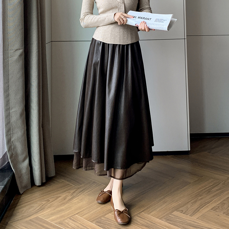 现货2025秋冬法式pu皮裙松紧腰中长雪纺拼接高级感a字半身长裙女