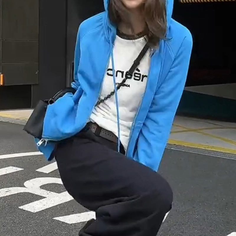 蓝色显白百搭休闲连帽卫衣2025年秋季双拉链外套女多巴胺长袖上衣