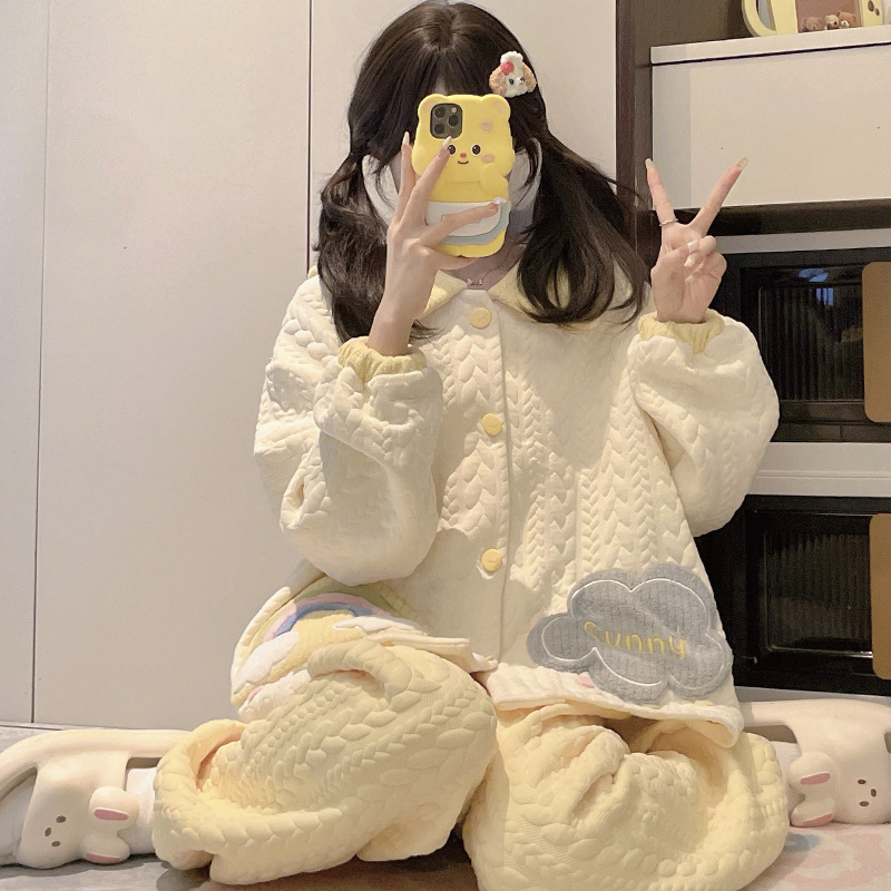 2025卡通睡衣春秋女2025新款冬季长袖加厚空气棉夹层月子服家居服