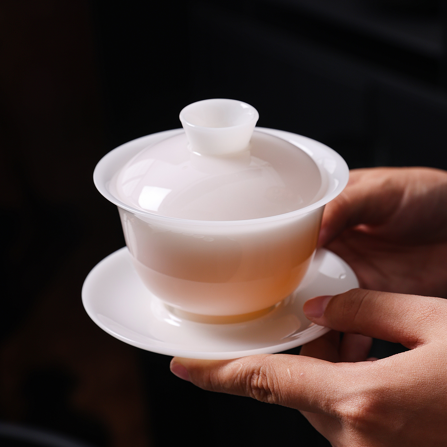 璞玉玉瓷冰种白瓷盖碗茶杯功夫茶具可悬停旋转家用办公会客室泡茶