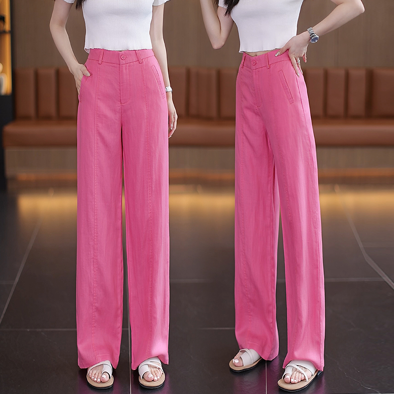 2025夏季玫红色天丝亚麻阔腿裤女薄款新款高腰显瘦垂感休闲直筒裤
