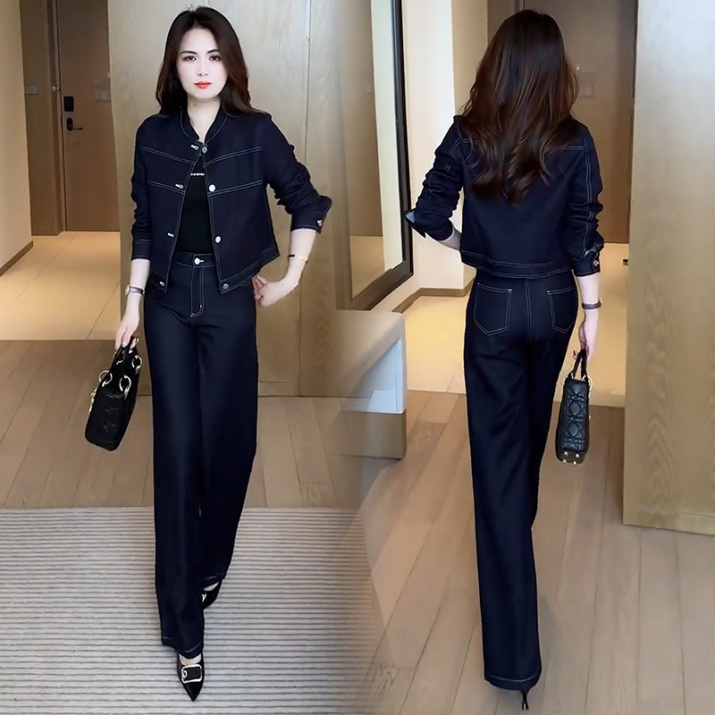 牛仔套装春秋2025新款休闲时尚减龄洋气质女装长袖直筒裤两件套