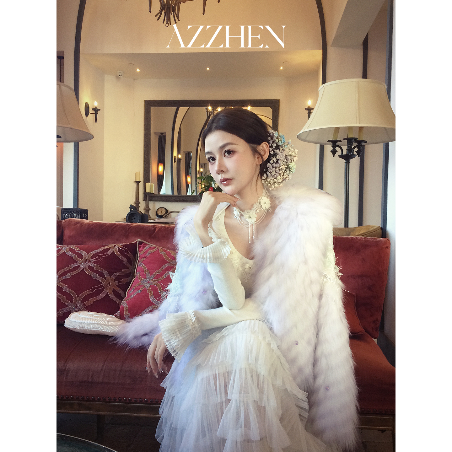 AZZHEN【千金美学】北欧进口白貉毛渐变重工蕾丝皮草