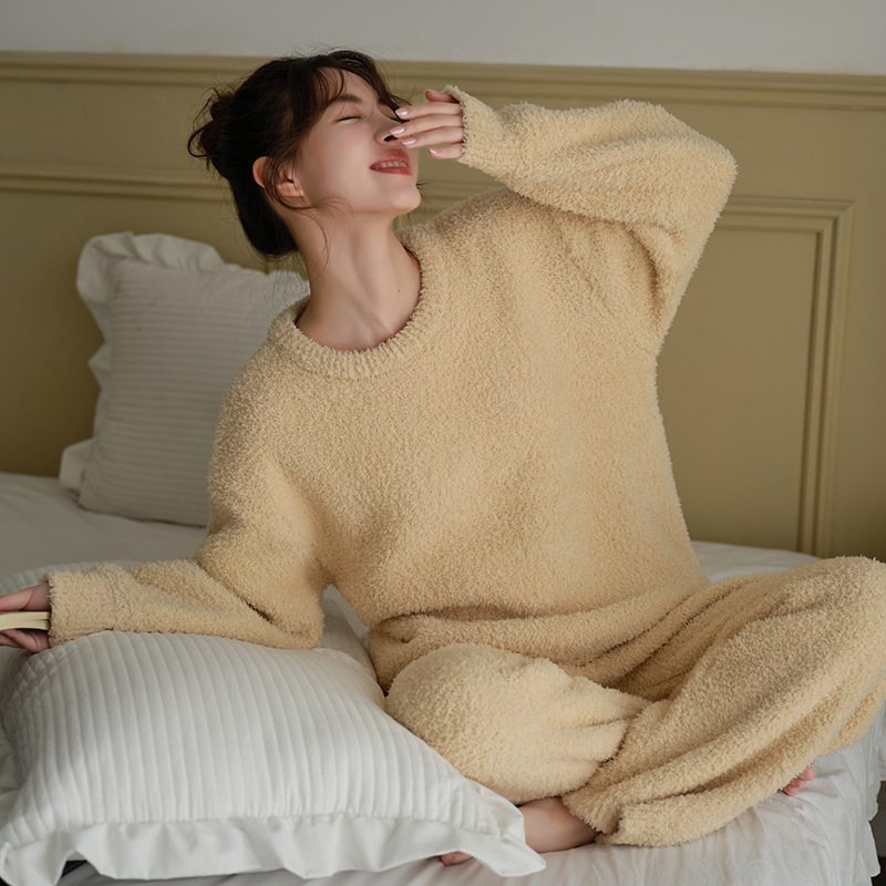 奶黄睡衣女款秋冬季加绒加厚半边绒保暖慵懒风长袖家居服韩版洋气