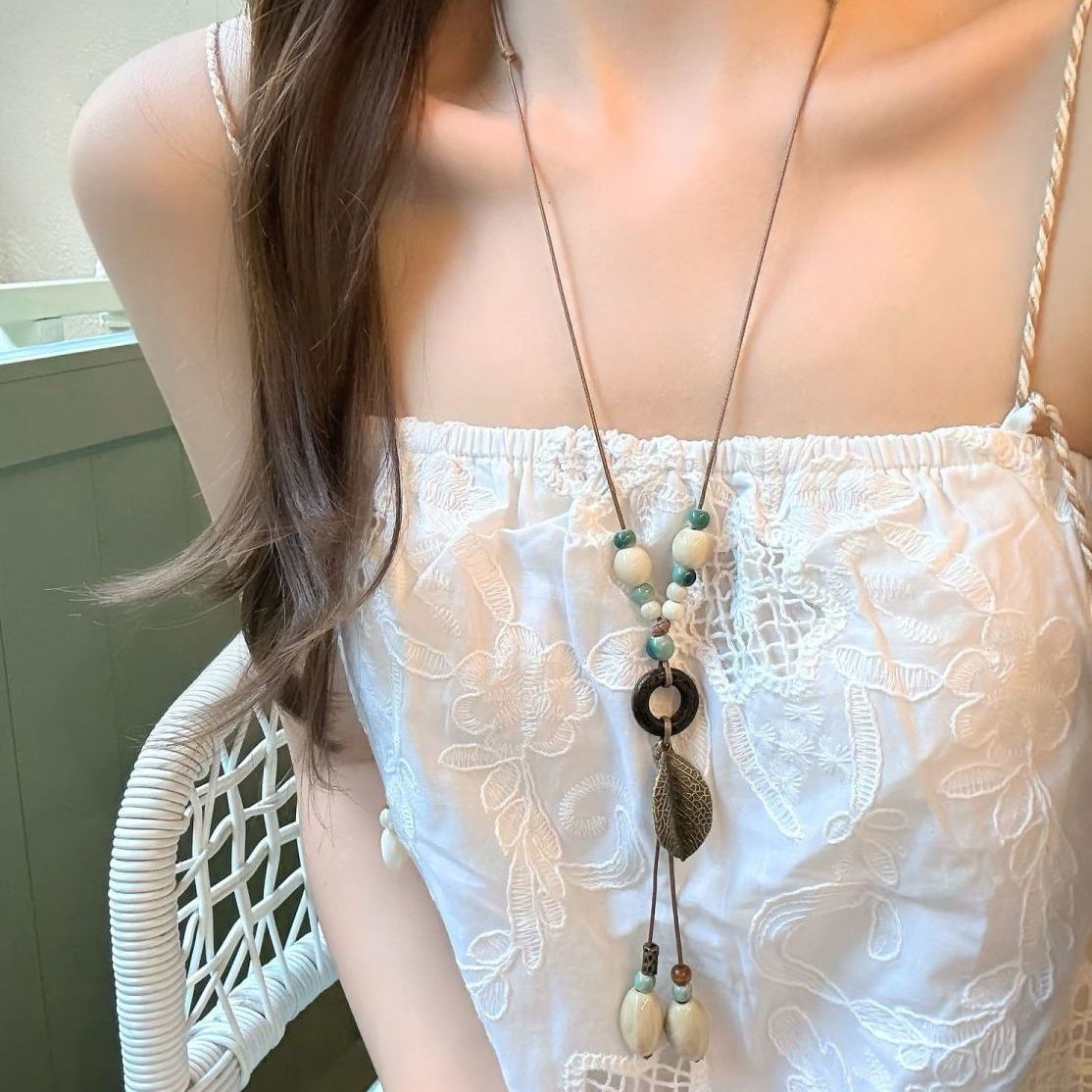 梧桐新中式长款禅意风树叶项链波西米亚民族风挂脖百搭配饰毛衣链