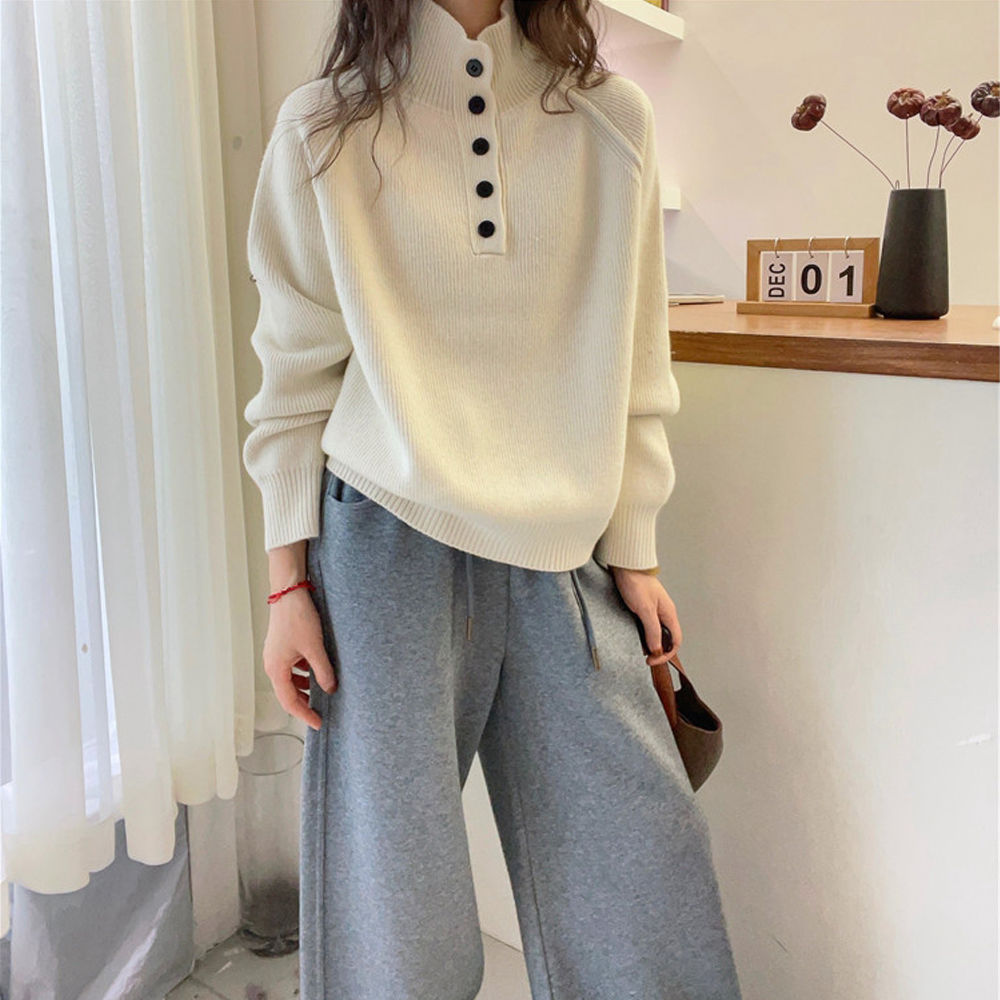 纽扣设计高领毛衣女欧洲站冬装立领针织衫秋冬新款欧货女装打底衫