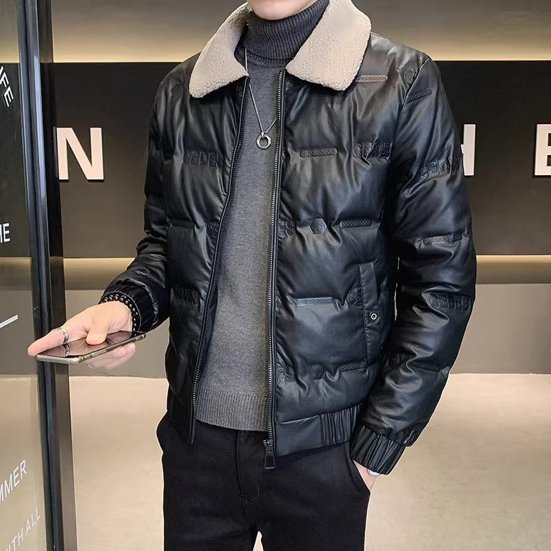 CALTOKROSA皮羽绒服男士冬季保暖加厚短款外套韩版休闲毛领男装潮