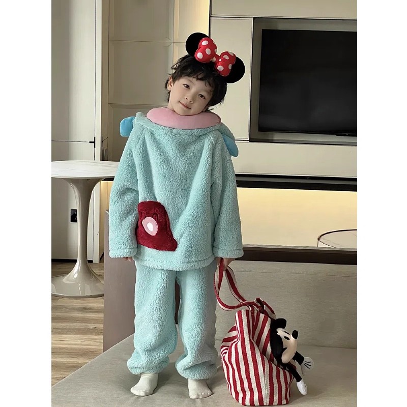 丑鱼儿童可爱搞怪分体睡衣女男童法兰绒秋冬加厚珊瑚绒卡通家居服