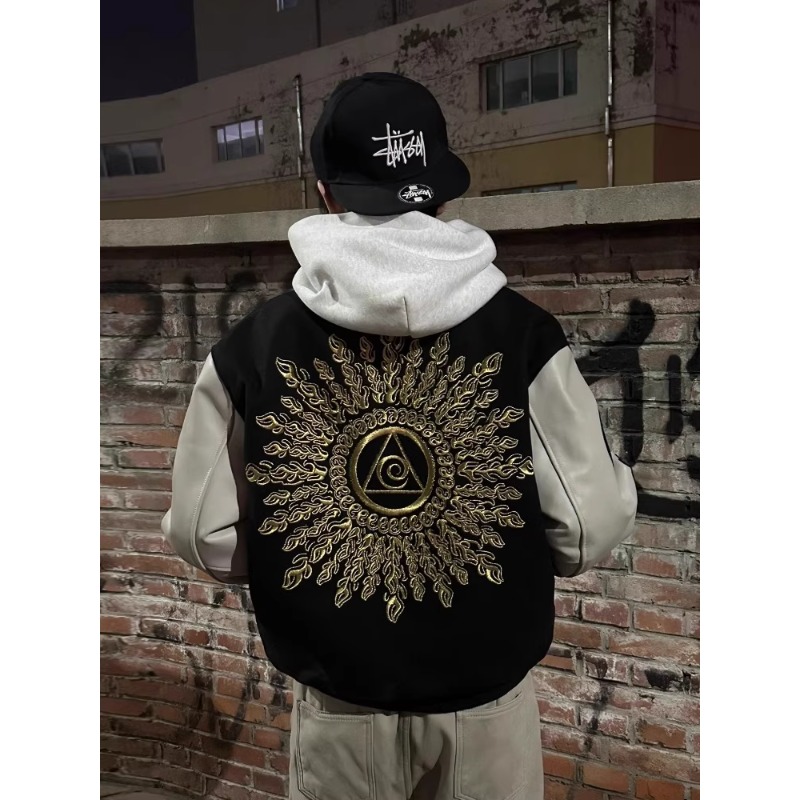 黑色太阳光明之眼重工夹克男款春秋高街vibe风外套短款刺绣棒球服