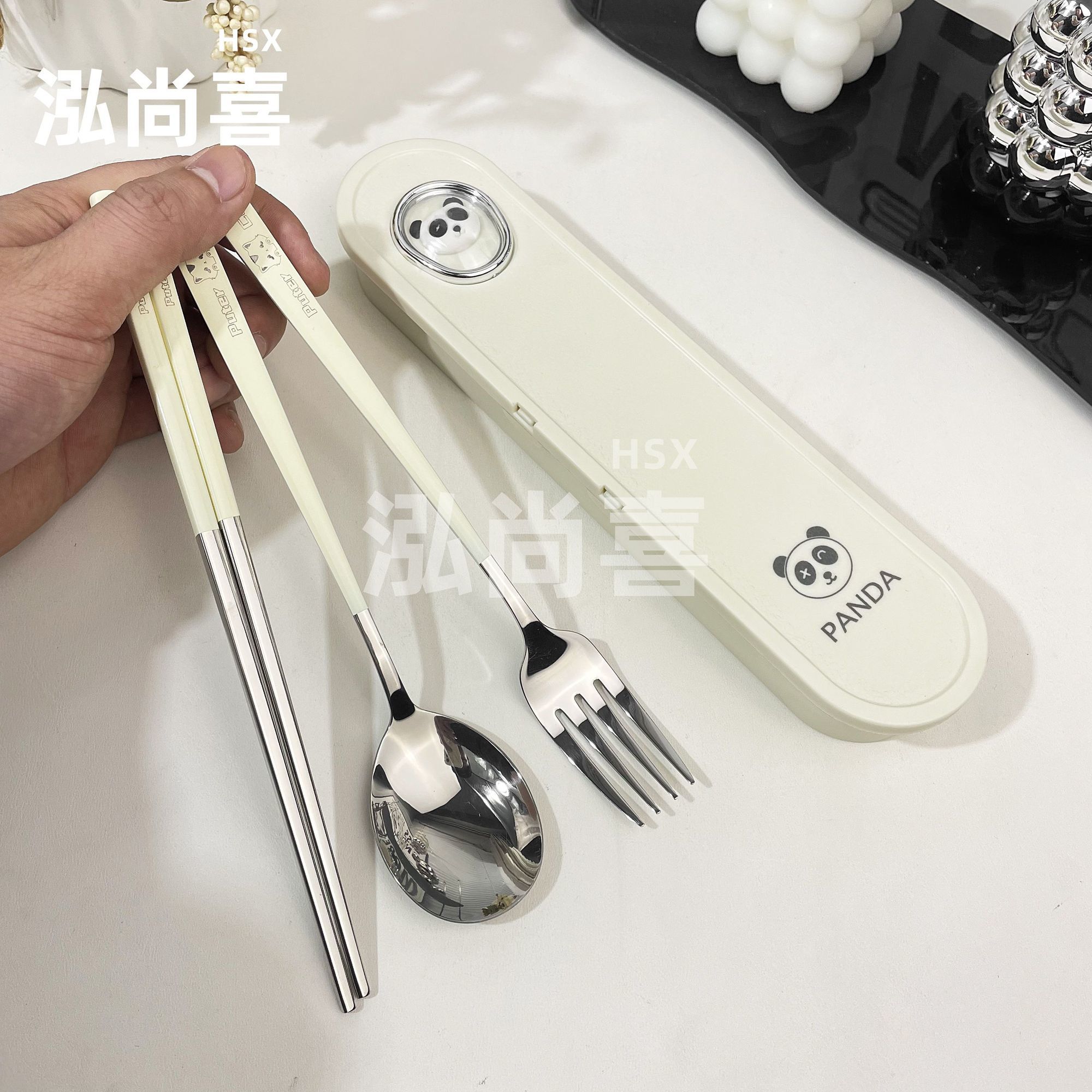 泓尚喜不锈钢便携式家用筷子勺子套盒网红卡通上班族外带餐具盒