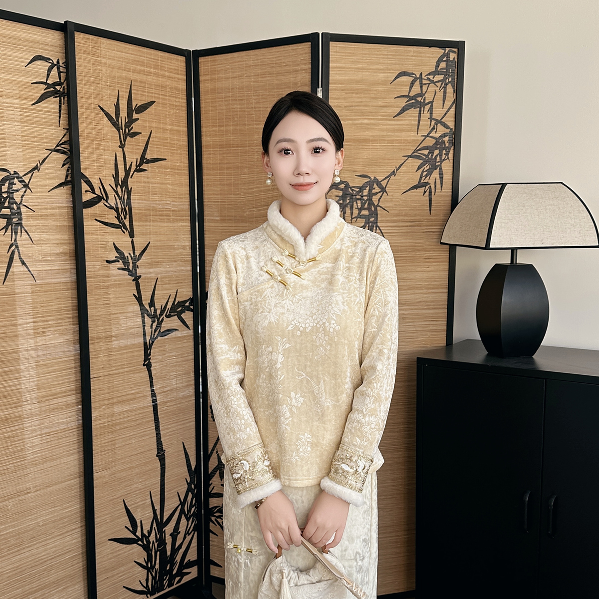 花间堂【锦初】新中式中国风气质时尚提花毛领加绒加厚打底衫