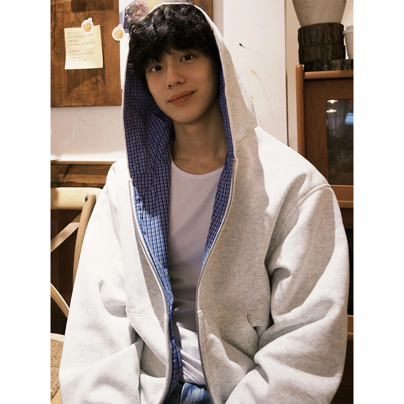 miu系皇家蓝格纹拉链卫衣男秋季潮牌短款上衣美式休闲设计感外套