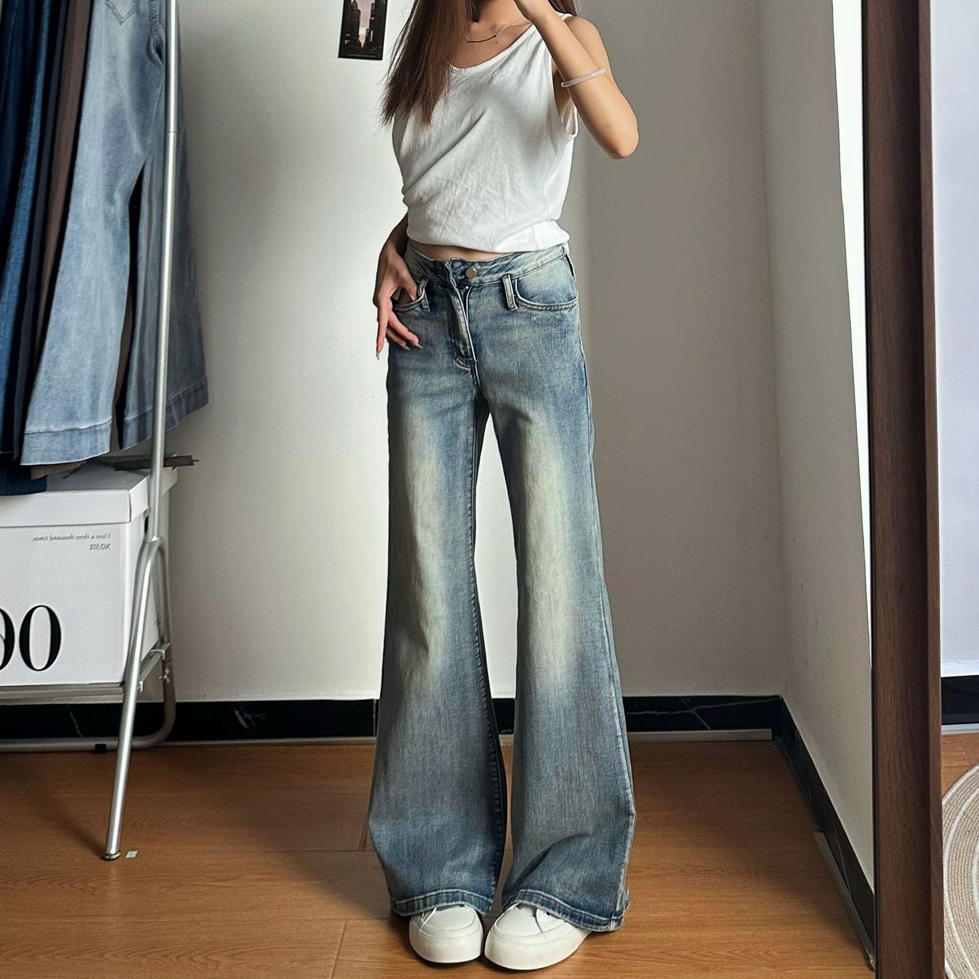 韩式秋季新款纯欲慵懒风微喇牛仔裤女美式小个子低腰显瘦显腿长裤