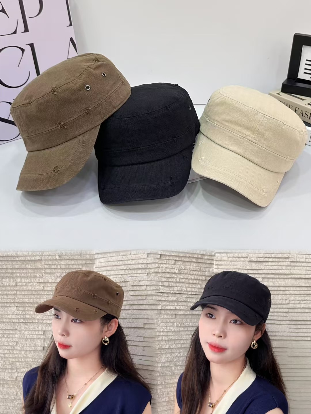 做旧平顶帽子女韩国ins 纯棉时尚街头破洞平顶帽情侣前进帽男韩版