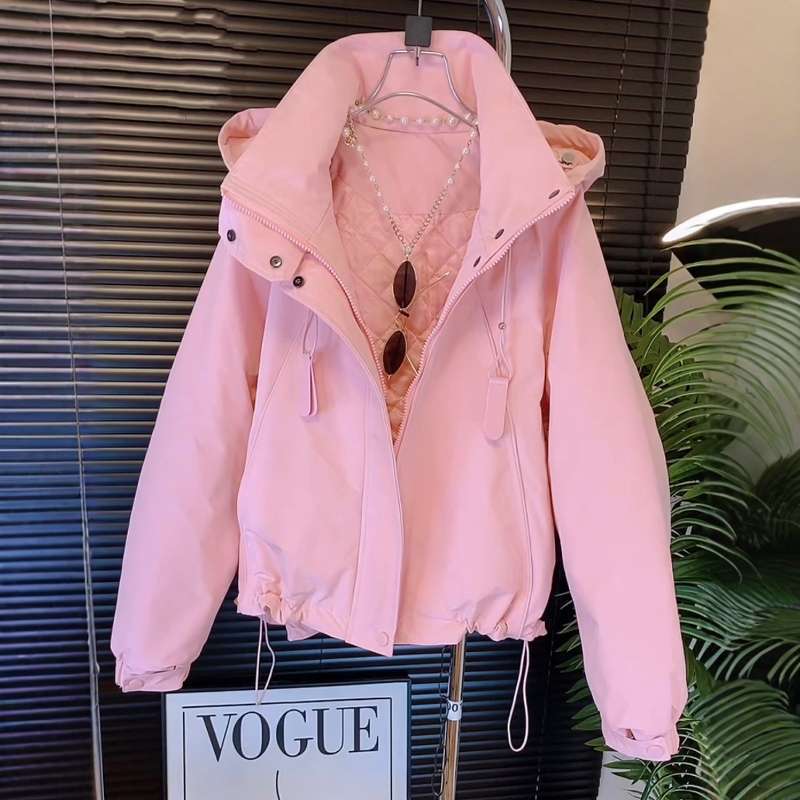 韩范彩色休闲二棉外套女2025年春季欧货新款减龄连帽夹克冲锋衣潮