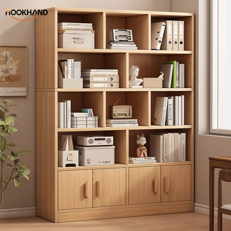 实木书架落地置物架多层客厅靠墙柜子储物柜学生收纳家用带门书柜