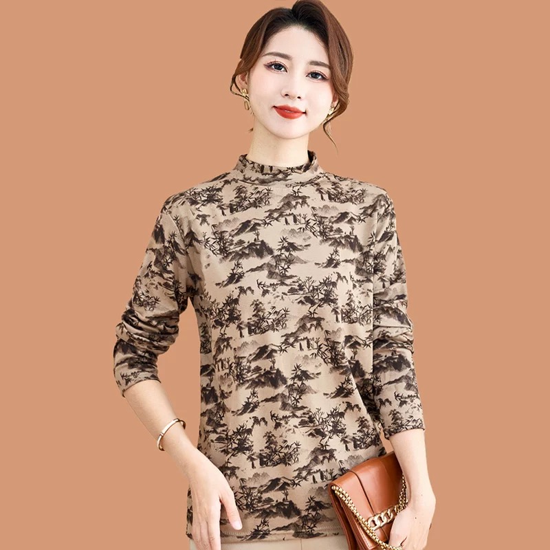 【专柜品质】双面德绒印花半高领离子发热保暖长袖打底秋冬新款3321