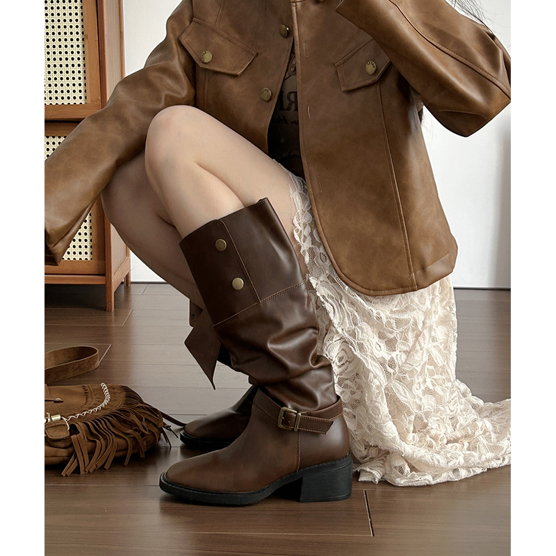 粗跟翻折复古褶皱堆堆西部牛仔靴女美拉德大筒围粗腿长筒骑士靴子