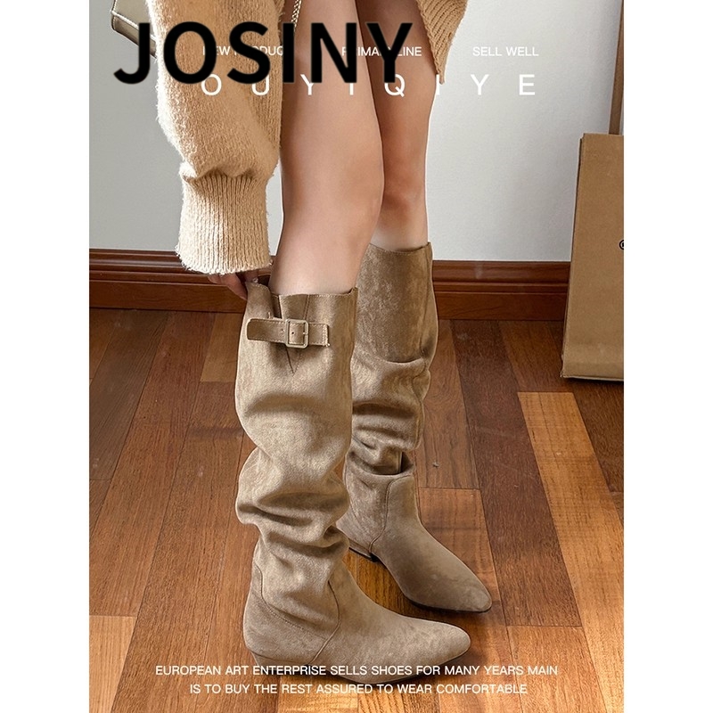 卓诗尼【断码】慵懒感女冬季复古堆堆靴法式显瘦高筒靴粗跟绒面长靴