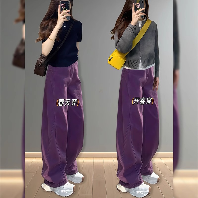 紫色镰刀牛仔裤女春季爆款梨形身材阔腿宽松休闲高腰显瘦香蕉裤子
