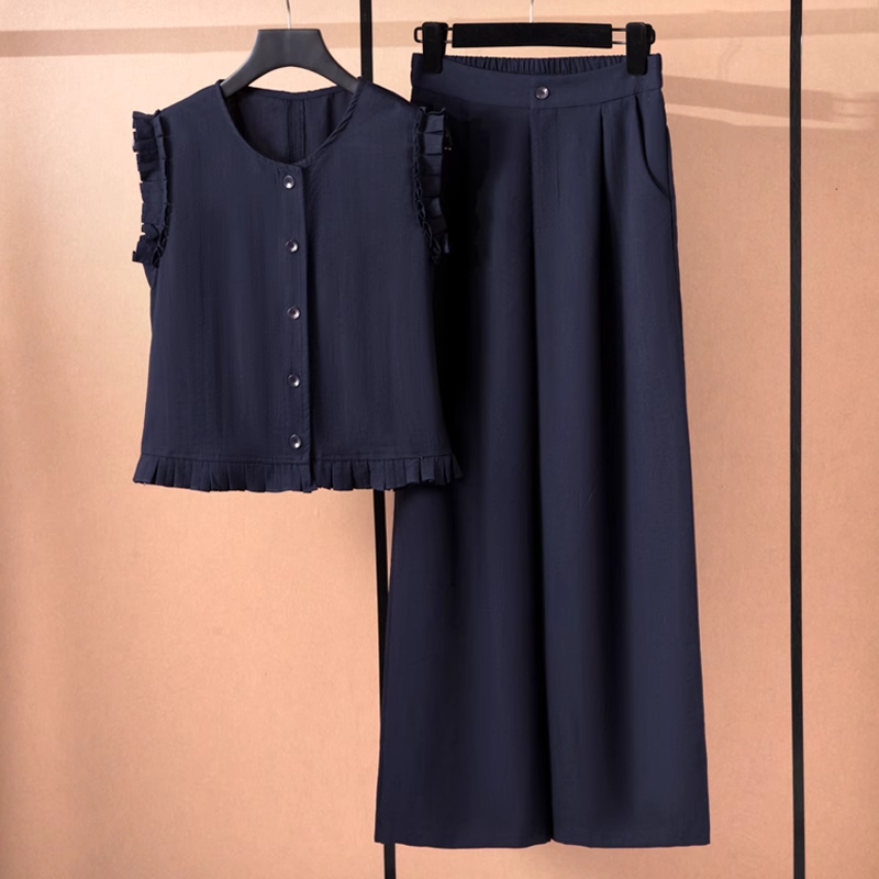 拉夏贝尔松紧腰阔腿裤两件套女夏2025新款气质木耳边无袖马甲套装