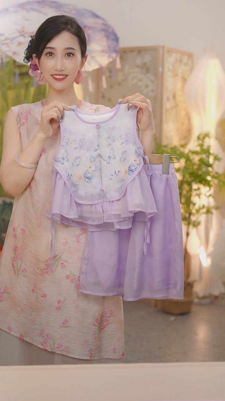 现货【紫陌】SC398女童夏季新中式满印蝴蝶2025新款国风套装