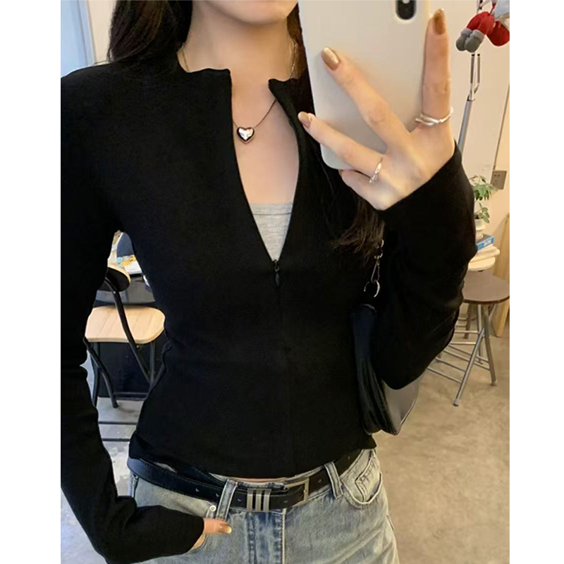 韩版秋冬新款拉链百搭长袖T恤女修身显瘦抗起球双面绒上衣7151