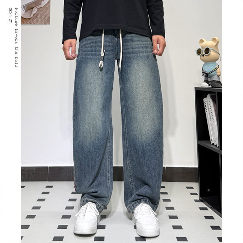 2025秋冬厚款条纹牛仔裤男宽松百搭休闲直筒裤潮牌复古做旧阔腿裤