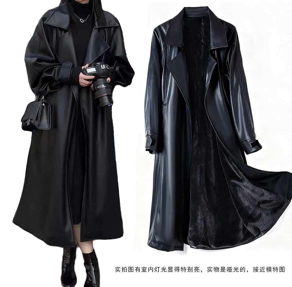 轻奢高端时尚宽松过膝长款皮衣外套加厚加绒款秋冬休闲皮风衣黑色