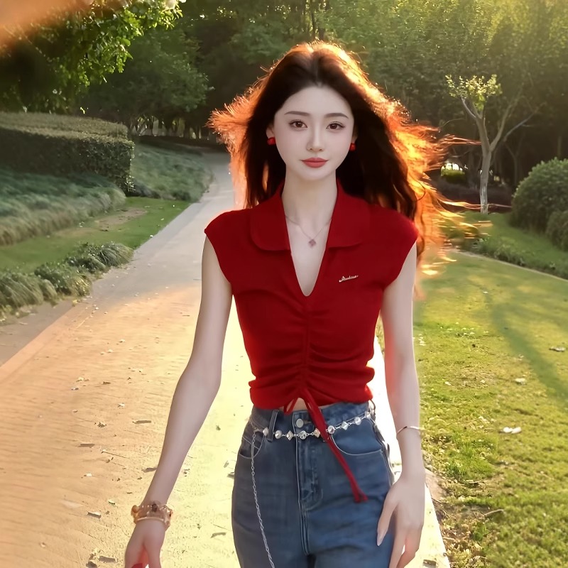 韩系别致V领抽绳红色针织短袖t恤女夏季小众设计感辣妹修身短上衣