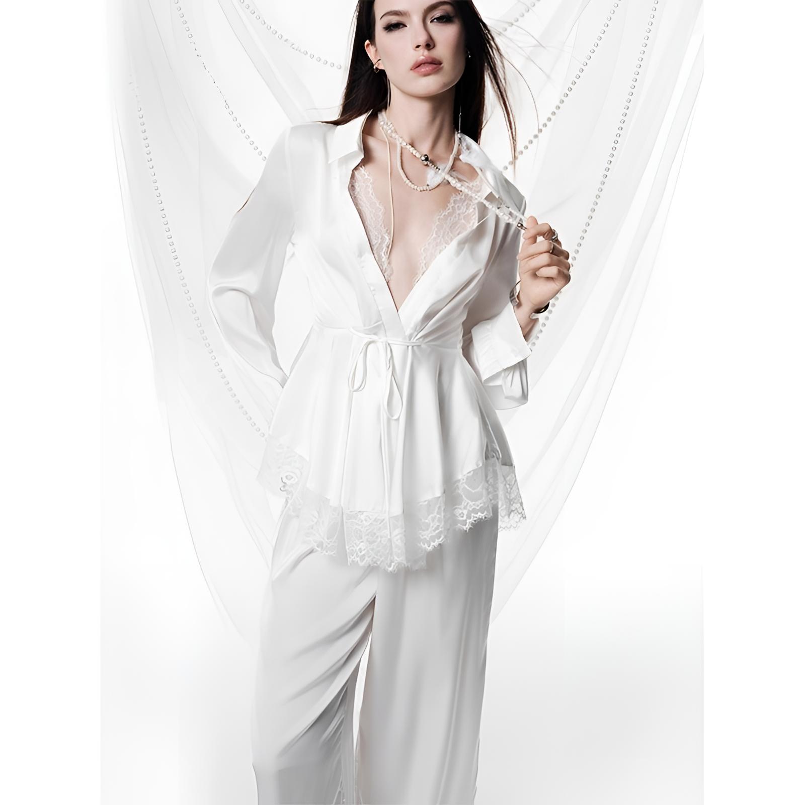 法式冰丝睡衣女春秋仿醋酸高级感纯欲性感蕾丝白色衬衫长袖家居服