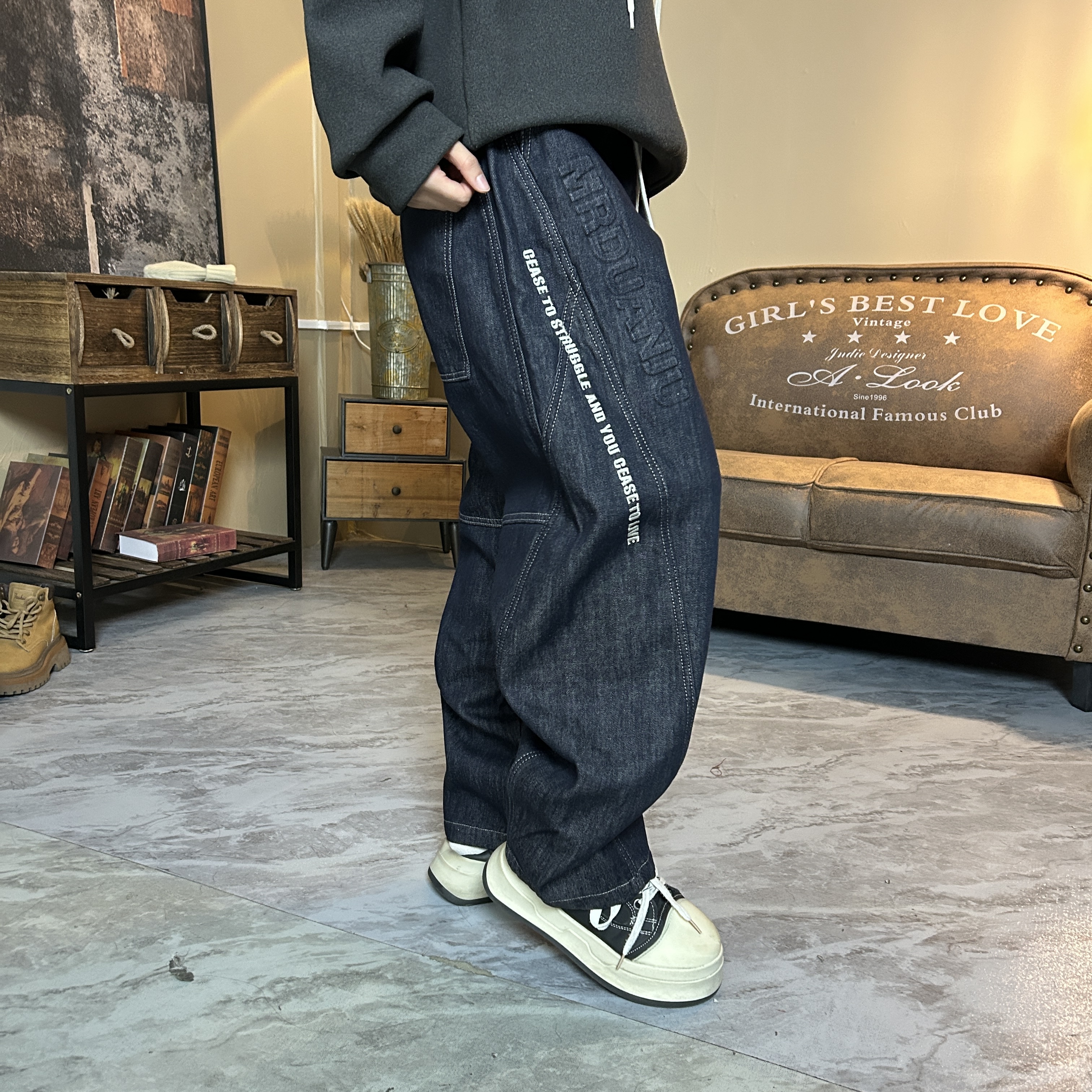 【玖澍】283-3阔腿裤牛仔中腰明线牛仔裤大码美式直筒裤子日系宽松