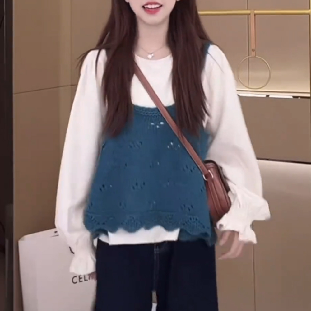 欧若风减龄套装女2026春秋新款喇叭袖长袖衬衫针织吊带马甲两件套