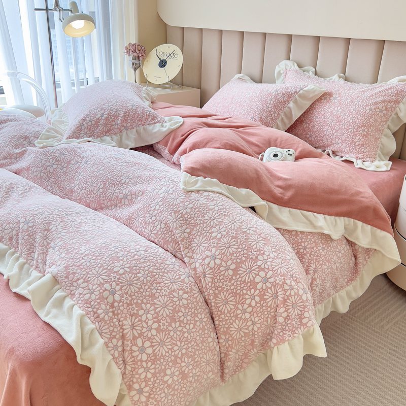 新款花边款立体剪花牛奶绒床单四件套家用双人保暖床品套件秋冬季
