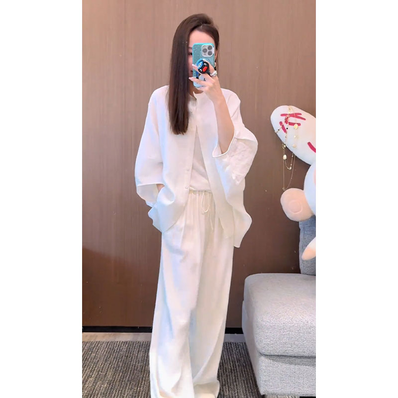 法式休闲时尚衬衫套装女夏季慵懒风松弛感宽松白色衬衣长裤两件套