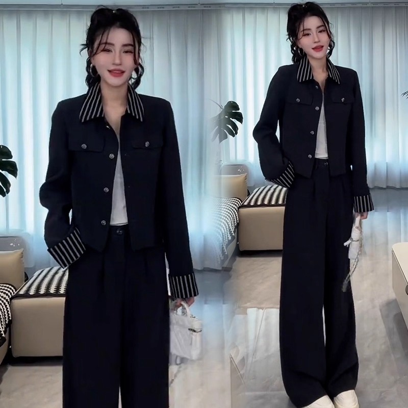 时尚套装女2025秋季新款洋气显瘦拼接条纹短款外套阔腿裤两件套潮